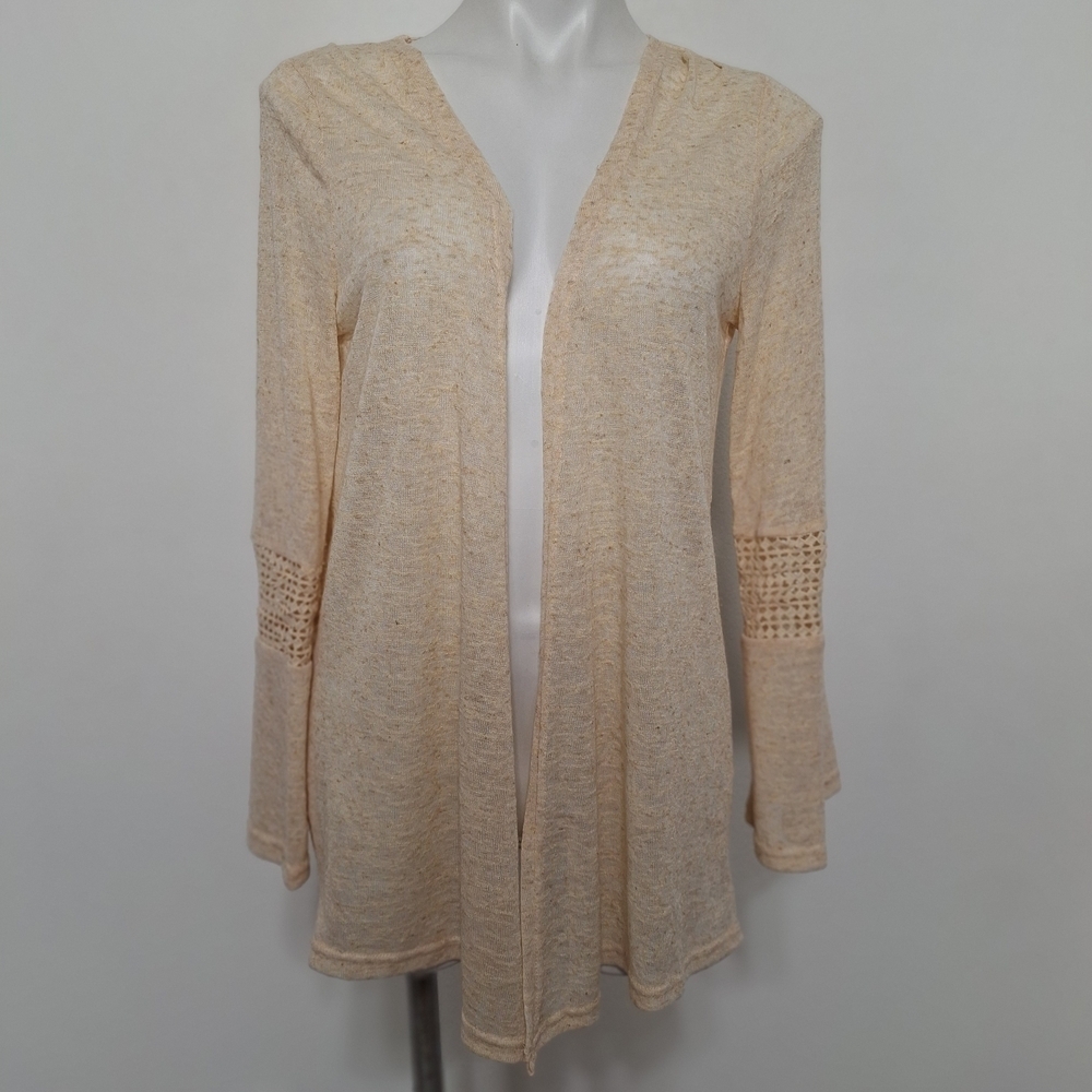 ODDY Cream Classic Linen Blend Bell Sleeve Guipure Lace Open Front Cardigan- M